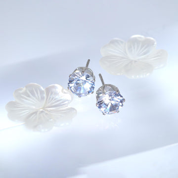 CZ Diamond With Mother Of Pearl Carved White Flower Earrings, Bridal Jewelry Bridal Peach flower Stud Earrings Pearl Stud Statement Earrings